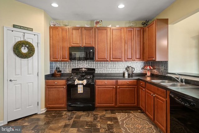 17365 Norland Way, Shrewsbury, PA 17361 - kitchen with black appliances, a sink, dark countertops, decorative backsplash, and recessed lighting