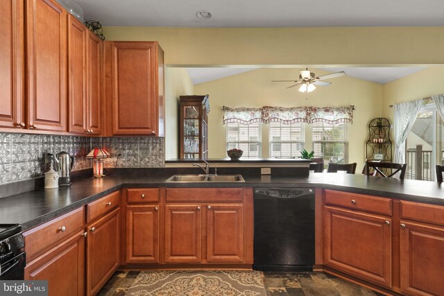 17365 Norland Way, Shrewsbury, PA 17361 - kitchen featuring black dishwasher, a sink, ceiling fan, dark countertops, and lofted ceiling