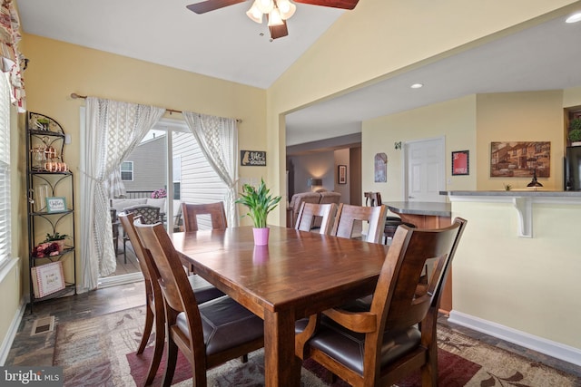 17365 Norland Way, Shrewsbury, PA 17361 - dining room with ceiling fan, baseboards, recessed lighting, and high vaulted ceiling