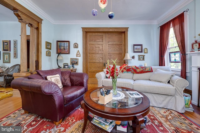289 Newman Ave, Harrisonburg, VA 22801 - living room featuring decorative columns, wood finished floors, and ornamental molding
