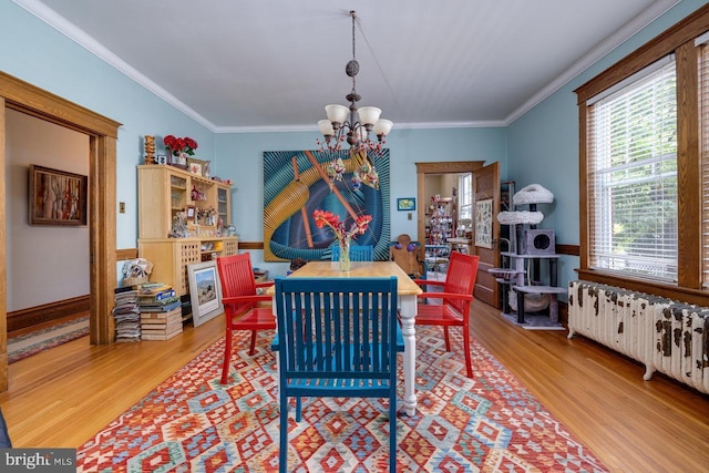 289 Newman Ave, Harrisonburg, VA 22801 - dining room featuring light wood-style floors, a chandelier, crown molding, and radiator