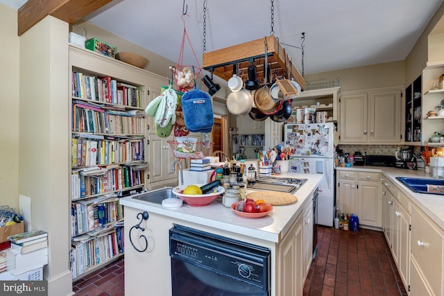 289 Newman Ave, Harrisonburg, VA 22801 - kitchen with open shelves, brick floors, light countertops, and freestanding refrigerator