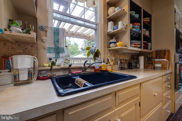 289 Newman Ave, Harrisonburg, VA 22801 - kitchen with a sink, open shelves, light countertops, and tasteful backsplash