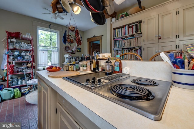 289 Newman Ave, Harrisonburg, VA 22801 - kitchen with brick flooring, light countertops, a ceiling fan, and stainless steel electric cooktop