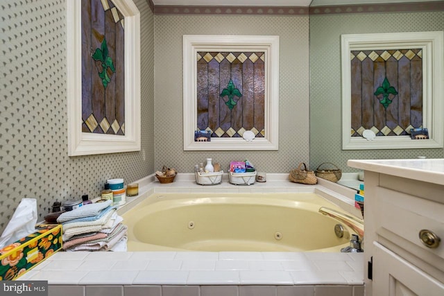 289 Newman Ave, Harrisonburg, VA 22801 - bathroom with wallpapered walls, a jetted tub, and vanity