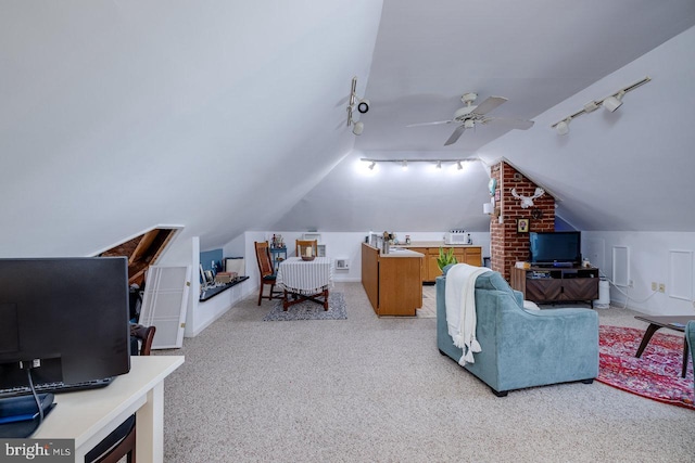 289 Newman Ave, Harrisonburg, VA 22801 - living area featuring rail lighting, carpet flooring, vaulted ceiling, ceiling fan, and an office area