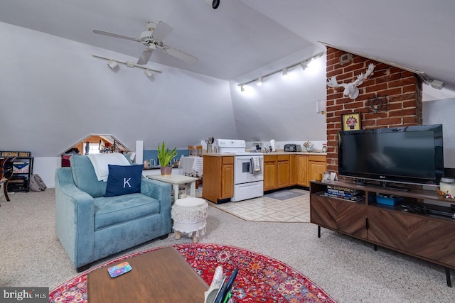 289 Newman Ave, Harrisonburg, VA 22801 - living area with track lighting, ceiling fan, light carpet, and lofted ceiling