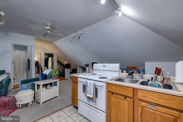 289 Newman Ave, Harrisonburg, VA 22801 - kitchen with electric stove, track lighting, lofted ceiling, a sink, and open floor plan