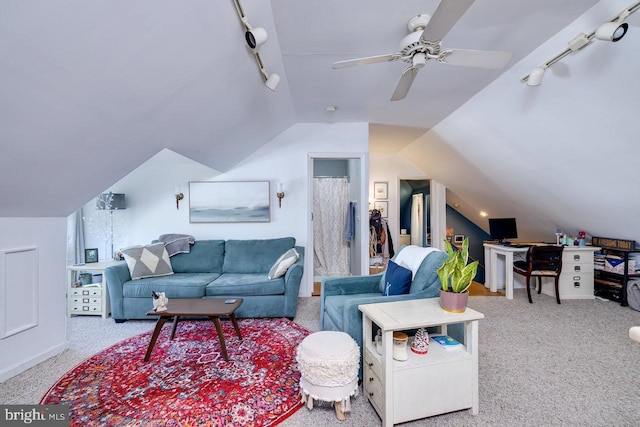 289 Newman Ave, Harrisonburg, VA 22801 - living room featuring track lighting, vaulted ceiling, carpet flooring, ceiling fan, and an office area