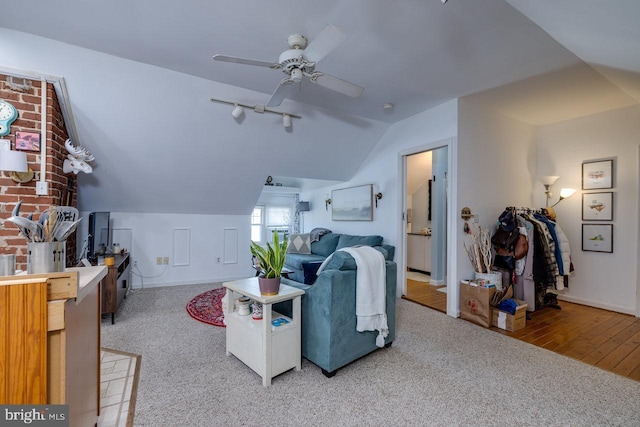 289 Newman Ave, Harrisonburg, VA 22801 - living area featuring lofted ceiling, ceiling fan, baseboards, and carpet floors