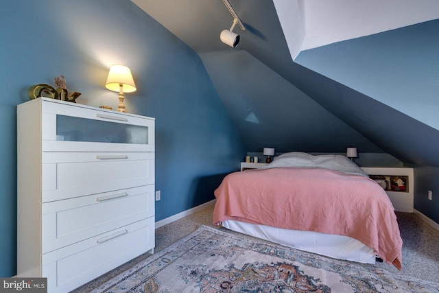 289 Newman Ave, Harrisonburg, VA 22801 - bedroom featuring vaulted ceiling, baseboards, rail lighting, and carpet flooring