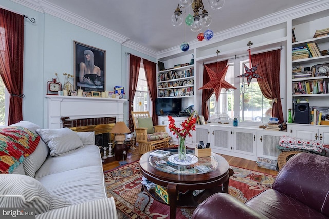 289 Newman Ave, Harrisonburg, VA 22801 - living room with ornamental molding, healthy amount of natural light, wood finished floors, and a brick fireplace