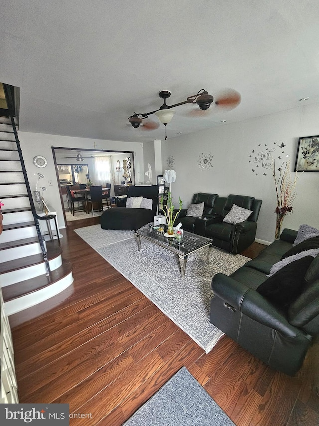3908 Bennington St, Philadelphia, PA 19124 - living area featuring stairway, wood finished floors, and ceiling fan