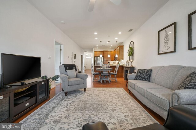 42 Cresthaven Ln, Dover, DE 19901 - living room featuring wood finished floors, a ceiling fan, and recessed lighting