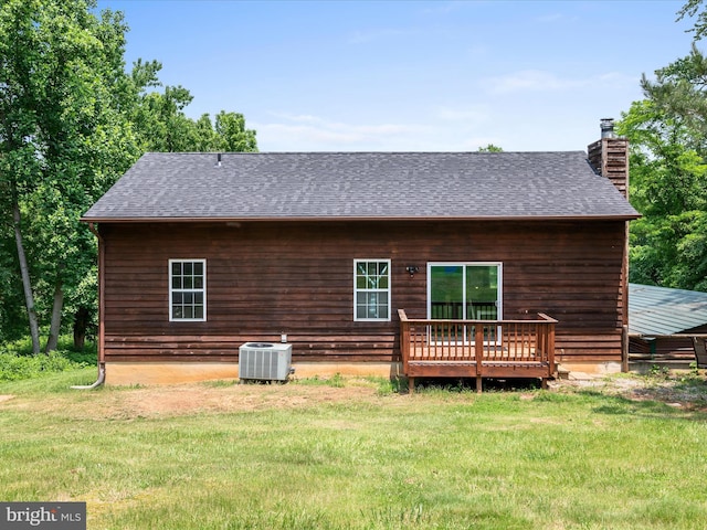 979 John Brown Farm Rd, Harpers Ferry, WV 25425 - rear view of property with central AC unit, a chimney, a lawn, and a wooden deck