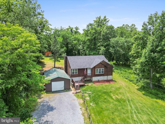 979 John Brown Farm Rd, Harpers Ferry, WV 25425 - rustic home featuring an outbuilding, a front lawn, gravel driveway, and a chimney
