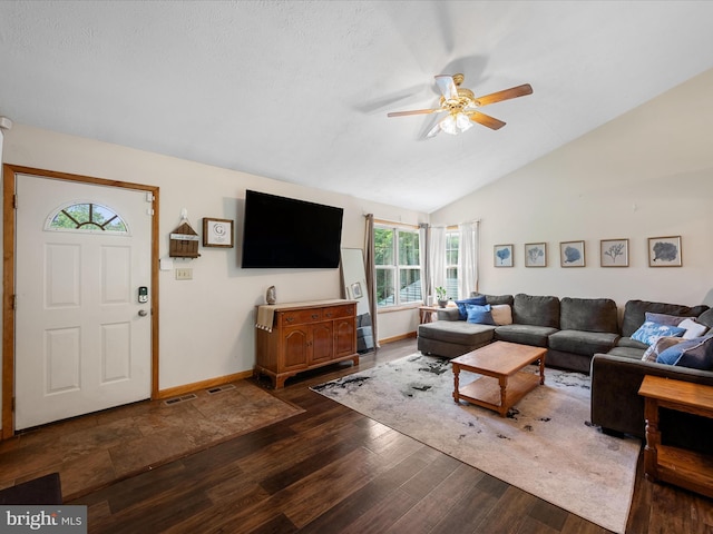 979 John Brown Farm Rd, Harpers Ferry, WV 25425 - living room with a ceiling fan, lofted ceiling, wood finished floors, and baseboards