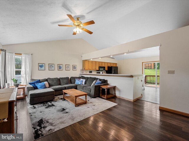 979 John Brown Farm Rd, Harpers Ferry, WV 25425 - living area with lofted ceiling, dark wood-type flooring, healthy amount of natural light, a ceiling fan, and baseboards