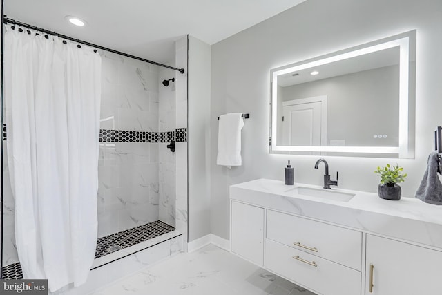 2017 Fairlane Rd, Bel Air, MD 21015 - bathroom with marble look tiles, curtained shower, recessed lighting, vanity, and baseboards