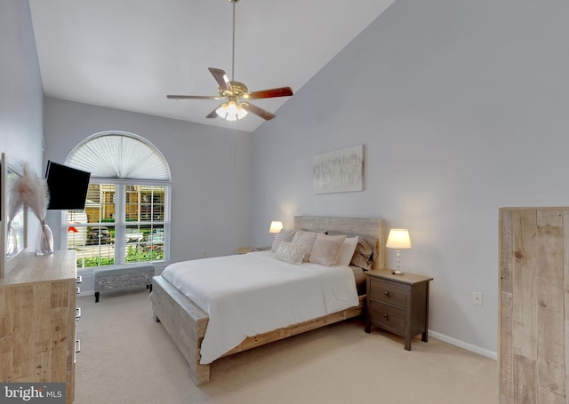 8822 Tanglewood Ln, Manassas, VA 20110 - bedroom with light colored carpet, high vaulted ceiling, baseboards, and a ceiling fan