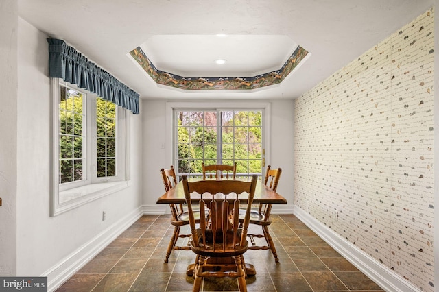 1050 Powderhorn Dr, Glen Mills, PA 19342 - dining area featuring baseboards, a tray ceiling, and dark stone finish floors