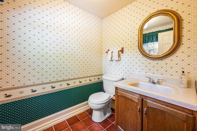 1050 Powderhorn Dr, Glen Mills, PA 19342 - half bathroom with wallpapered walls, toilet, vanity, and tile patterned flooring