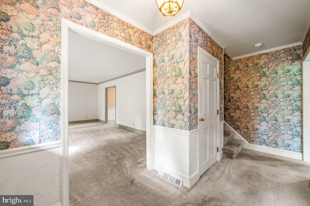 1050 Powderhorn Dr, Glen Mills, PA 19342 - corridor featuring ornamental molding, wallpapered walls, carpet, and baseboards