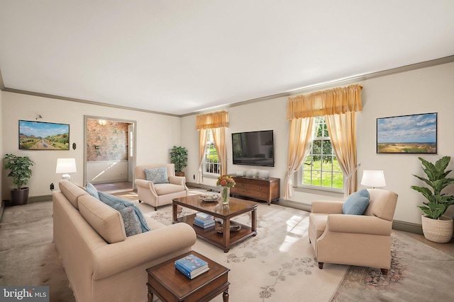 1050 Powderhorn Dr, Glen Mills, PA 19342 - living room with ornamental molding, baseboards, and light colored carpet