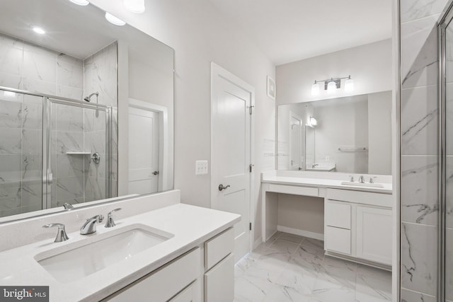 43730 Transit Sq, Ashburn, VA 20147 - bathroom with marble finish floors, a marble finish shower, vanity, baseboards, and recessed lighting