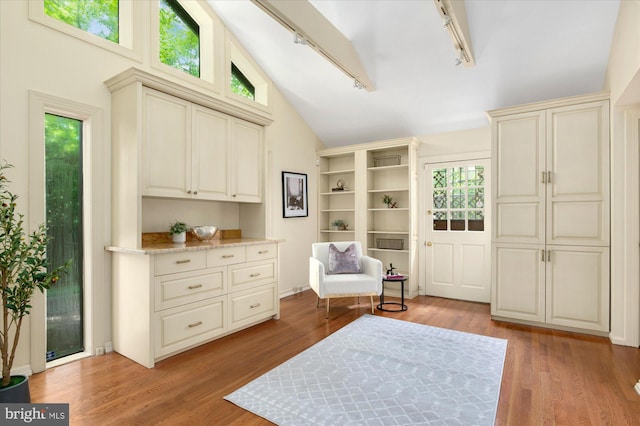 3419 Lowell St NW, Washington, DC 20016 - sitting room with rail lighting, high vaulted ceiling, and light wood-type flooring