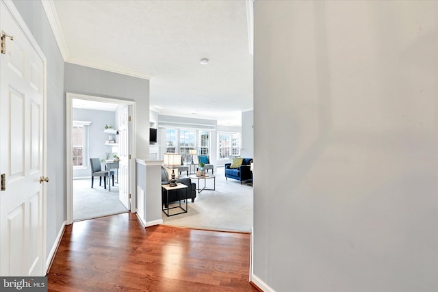 hallway with ornamental molding, wood finished floors, and baseboards