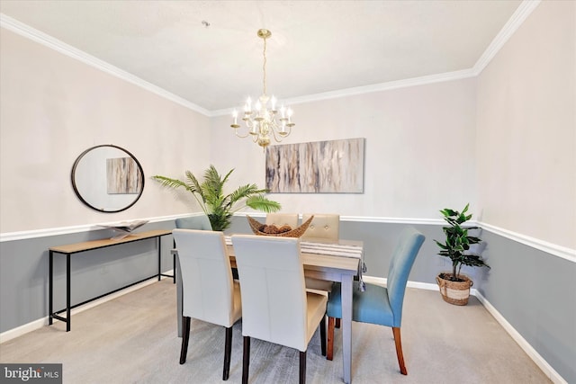 carpeted dining space featuring a chandelier, crown molding, and baseboards