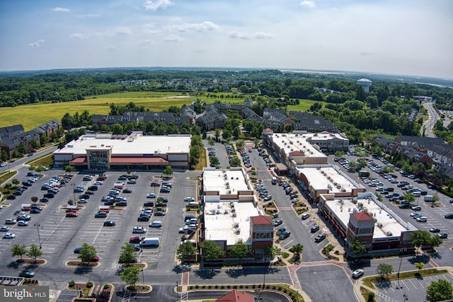 drone / aerial view of a tree filled landscape