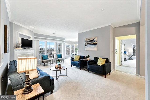living room featuring carpet flooring, crown molding, and baseboards