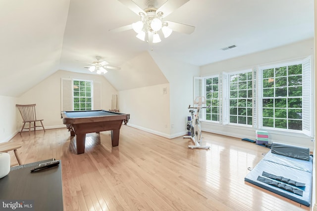 11709 Pine Tree Dr, Fairfax, VA 22033 - game room featuring a ceiling fan, hardwood / wood-style flooring, baseboards, lofted ceiling, and pool table