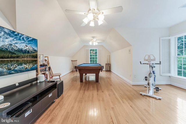 11709 Pine Tree Dr, Fairfax, VA 22033 - game room with light wood-style floors, baseboards, pool table, healthy amount of natural light, and lofted ceiling