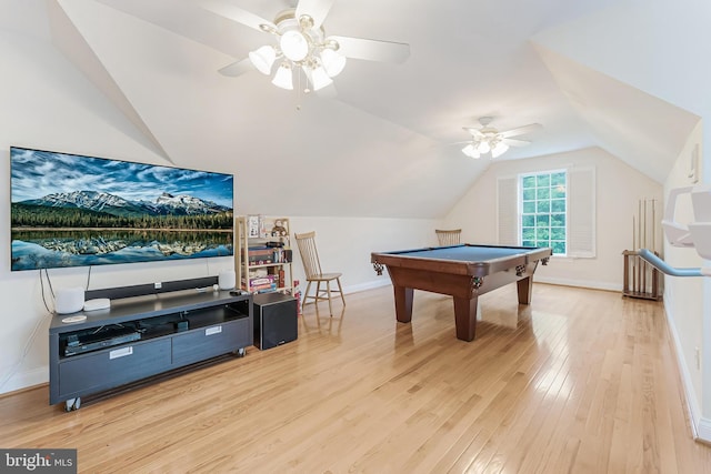 11709 Pine Tree Dr, Fairfax, VA 22033 - recreation room featuring ceiling fan, light wood-type flooring, baseboards, lofted ceiling, and pool table