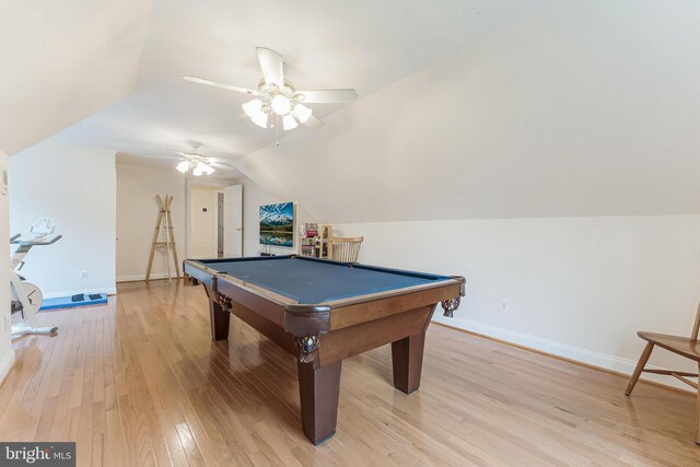 11709 Pine Tree Dr, Fairfax, VA 22033 - playroom featuring light wood-type flooring, ceiling fan, lofted ceiling, baseboards, and pool table