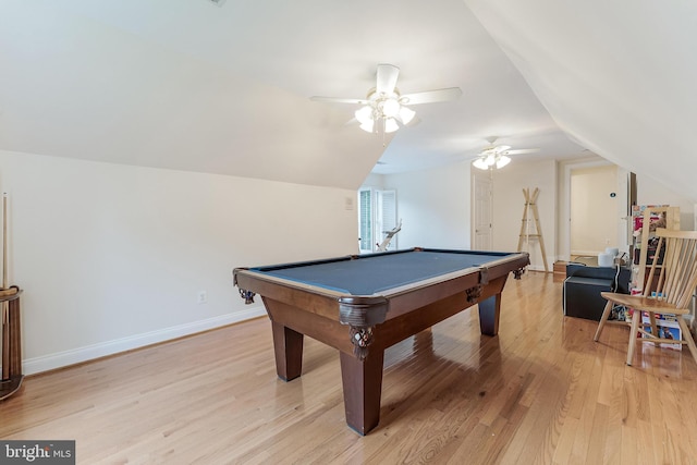 11709 Pine Tree Dr, Fairfax, VA 22033 - recreation room with light wood-style floors, lofted ceiling, ceiling fan, pool table, and baseboards