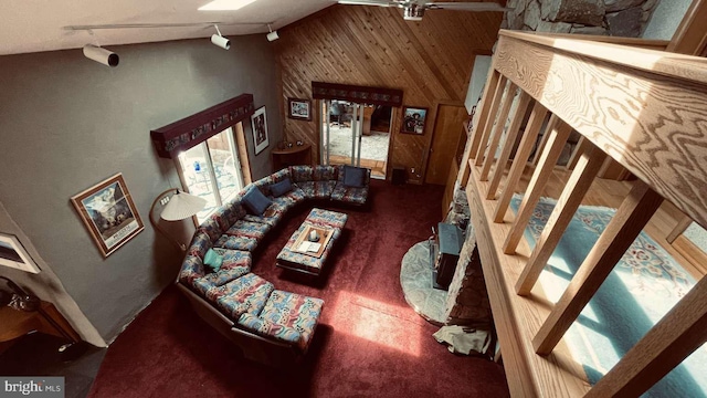 33 Morgan Hollow Way, Landenberg, PA 19350 - living room featuring carpet, wood walls, track lighting, and vaulted ceiling