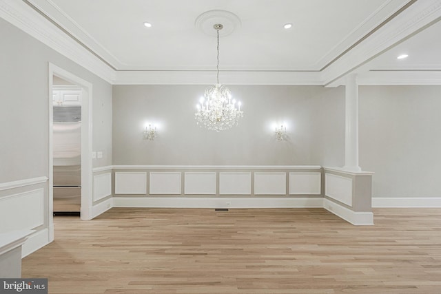 1473 Evans Farm Dr, Mclean, VA 22101 - empty room with ornamental molding, light wood-style flooring, a chandelier, and recessed lighting