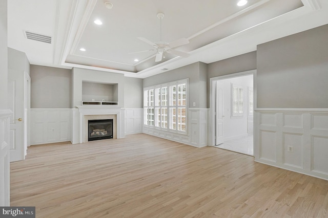 1473 Evans Farm Dr, Mclean, VA 22101 - unfurnished living room with a decorative wall, ceiling fan, light wood-style floors, a wainscoted wall, and recessed lighting