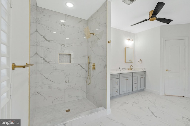 1473 Evans Farm Dr, Mclean, VA 22101 - full bathroom featuring vanity, a marble finish shower, marble finish floors, a ceiling fan, and recessed lighting