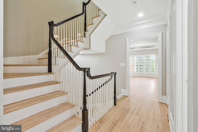 1473 Evans Farm Dr, Mclean, VA 22101 - stairs featuring ornamental molding, wood finished floors, baseboards, and recessed lighting