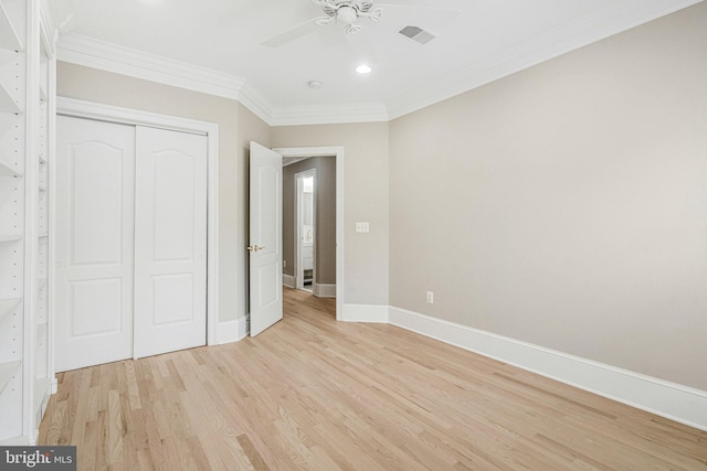 1473 Evans Farm Dr, Mclean, VA 22101 - unfurnished bedroom with light wood-style flooring, baseboards, ornamental molding, a closet, and ceiling fan