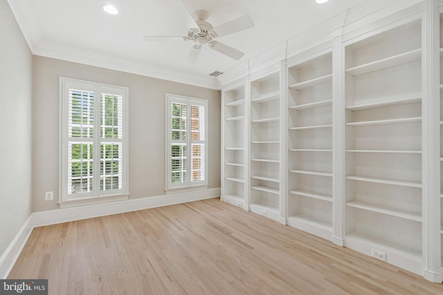 1473 Evans Farm Dr, Mclean, VA 22101 - unfurnished room featuring ornamental molding, wood finished floors, baseboards, a ceiling fan, and built in features