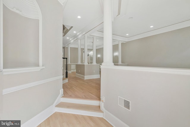 1473 Evans Farm Dr, Mclean, VA 22101 - hall featuring wood finished floors, recessed lighting, ornamental molding, baseboards, and decorative columns