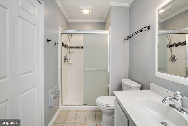 5926 Clermont Landing Ct, Burke, VA 22015 - full bathroom featuring toilet, a shower stall, tile patterned flooring, vanity, and crown molding