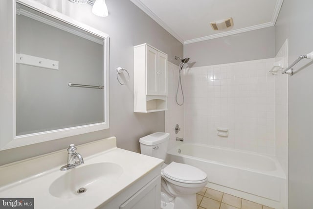 5926 Clermont Landing Ct, Burke, VA 22015 - full bathroom with toilet, washtub / shower combination, vanity, tile patterned flooring, and crown molding