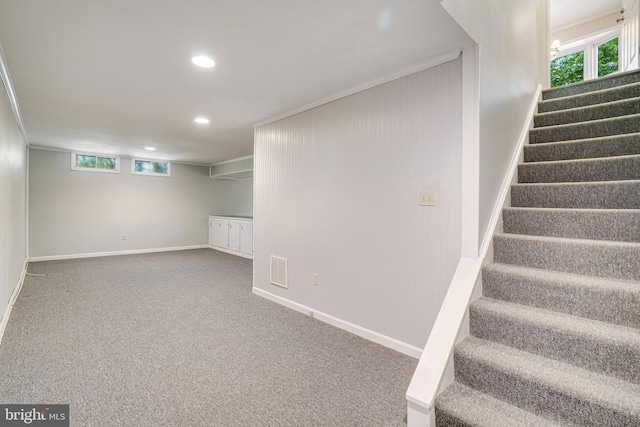 5926 Clermont Landing Ct, Burke, VA 22015 - below grade area featuring stairs, recessed lighting, baseboards, carpet flooring, and crown molding
